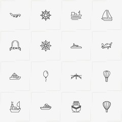 Air And Water Transport line icon set with airplane, yacht and airstrip