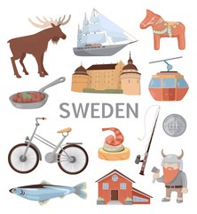 Sweden traditional symbols vector illustration.  Colorful set of scandinavian culture icons isolated on white background. Swedish red house, Erebru Castle, dalahorse, viking figure etc.