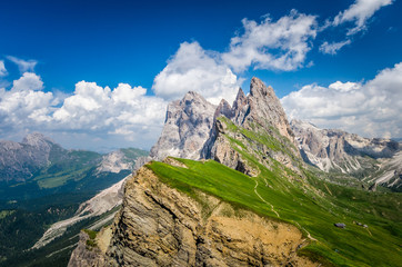 Gruppo delle Odle, view from Seceda. Puez Odle massif in Dolomites mountains, Italy, South Tyrol...