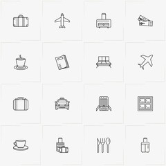 Airport line icon set with airport luggage storage, cup of tea and disposable cutlery