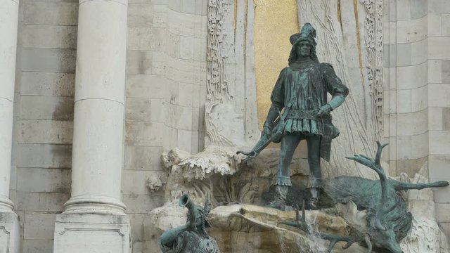 Buda Castle Medieval Fountain depicting king Mathias of Hungary at hunting.