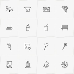 Amusement Park line icon set with stall, castle and magic hat with stick