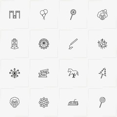 Amusement Park line icon set with lollipop, fireworks and tickets