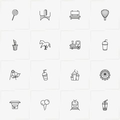 Amusement Park line icon set with horse swing, train and juice cup