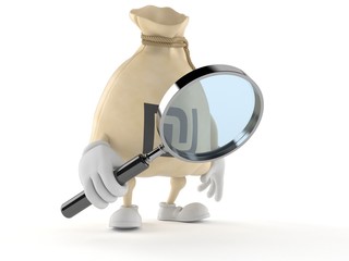 Shekel money bag character looking through magnifying glass