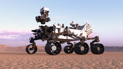 Mars Rover, robotic space autonomous vehicle on a deserted planet with hills in background, 3D rendering
