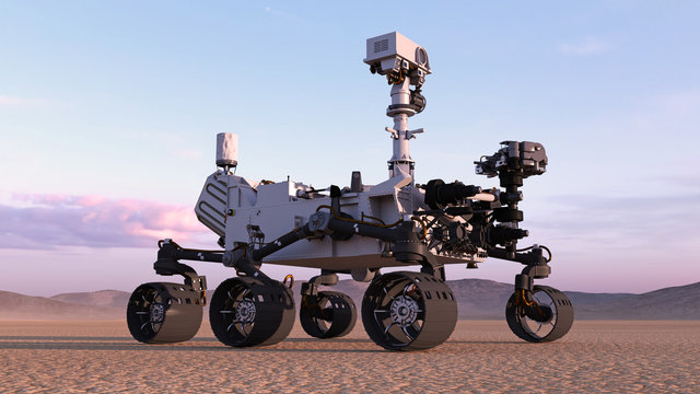 Mars Rover, robotic autonomous space vehicle on a deserted planet with hills in background, 3D rendering