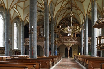 Interior of St. Mary church built for silver mine workers in Schwaz, Tyrol, Austria