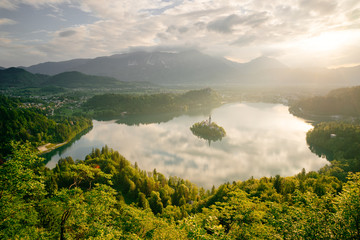 Lake Bled with Bled Island, St. Mary's Church and the Julian Alps