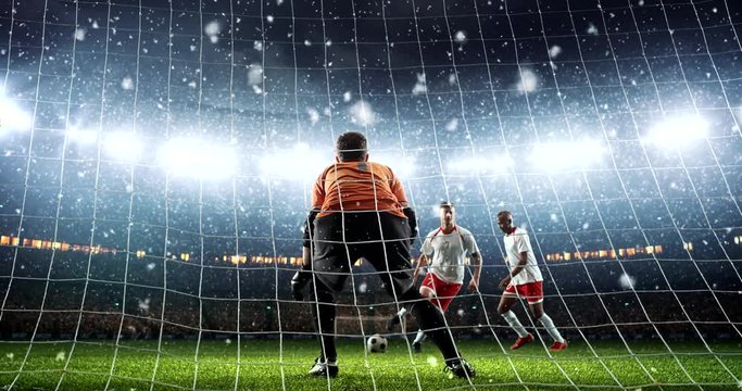 Goalkeeper fails to save from a penalty kick on a professional soccer stadium while it's snowing. Stadium and crowd are made in 3D and animated.