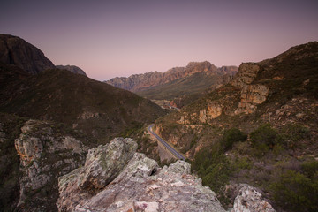 Sunset and dusk over the Du Toitskloof pass mountains in the Western Cape of South africa