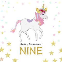 Ninth birthday greeting. Nine. Magical Unicorn Birthday invitation. Party invitation greeting card