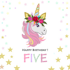 Fifth birthday greeting. Five text. Magical Unicorn Birthday invitation. Party invitation greeting card