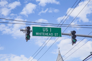 beginning of US 1 highway in Key West at Whitehead street with traffic light