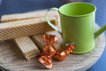 plate with biscuits of wafer with candies
