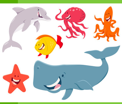 sea life animals cartoon characters set