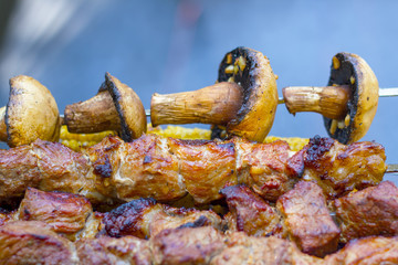Barbecue shish kebab cook. Tasty grill corn and champignons dinner cooking. Food BBQ background. Roasted fresh beef meat