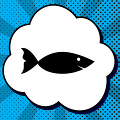 Fish sign illustration. Vector. Black icon in bubble on blue pop