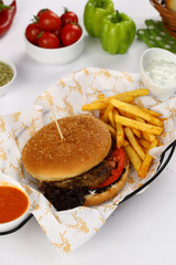 Fresh Burger and French Fries in Basket