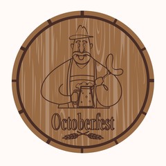  man with a mug of beer and sausage on a barrel background
