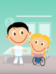 Happy physiotherapist and child in wheelchair