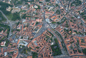 Fototapeta premium Red roofs of Vilnius, Lithuania old-town from a hot air balloon