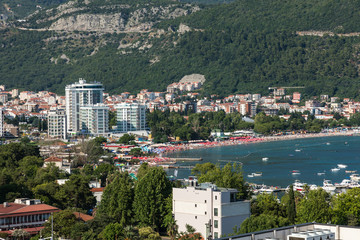 Panoramic view of the Budva Riviera from the observation deck of the fortress of the Old Town. Budva. Montenegro.