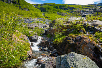 Naklejka na ściany i meble Close-up lovely creek in spring time in Svartisen, Norway