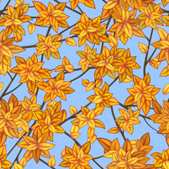 Бесшовная векторная текстура желтой и оранжевой осенней древесной листвы с ветками на фоне неба