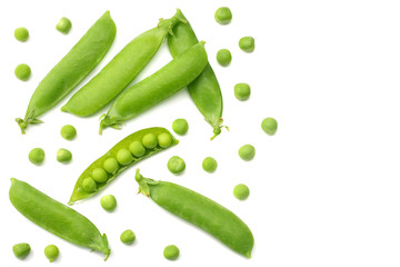 fresh green peas isolated on a white background. top view