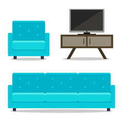 interior home furniture, sofa and armchair with TV for room
