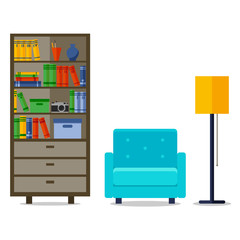 Bookcase and Armchair, Interior Vector illustration for web site, print, poster, infographic.