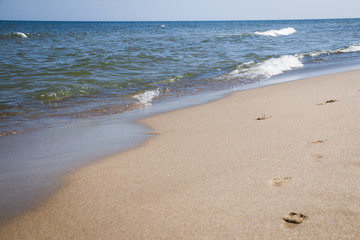 Close up of a blue wave with white foam on the hot sandy beach