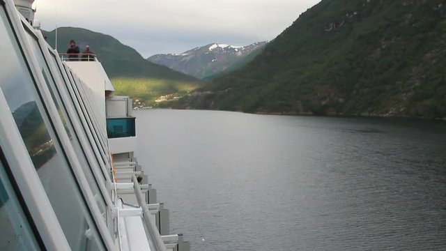 Board of cruise liner and fjord. Hellesylt, Geyranger, Norway