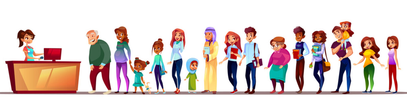 People Waiting In Queue Vector Illustration. Crowd Long Line Standing At Registration Counter With Patience Of Saudi Arabian And Asian Old Woman, Pregnant Girl Or Black Afro American Man With Kid Boy