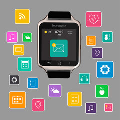 Smart Watch device display with app icons. Isolated on gray background.