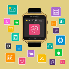 Smart Watch device display with app icons. Isolated on gold background.