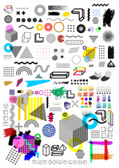 Big set of universal trend halftone geometric shapes juxtaposed with bright bold color elements composition. Design elements for leaflet, billboard. Vector illustration. Isolated on white background.