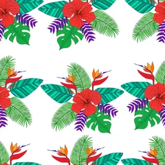 Fotobehang Tropische Bladeren Tropical leaf palm, flower hibiscus, bird of paradise seamless pattern  © Olha