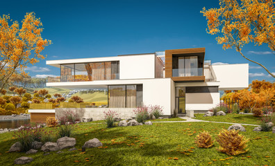 3d rendering of modern cozy house by the river with garage for sale or rent with beautiful mountains on background. Clear sunny autumn day with cloudless sky.
