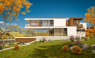 3d rendering of modern cozy house by the river with garage for sale or rent with beautiful mountains on background. Clear sunny autumn day with cloudless sky.
