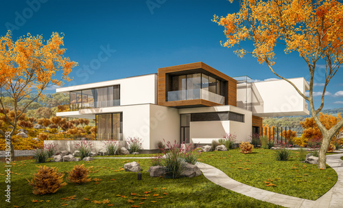 3d Rendering Of Modern Cozy House By The River With Garage For