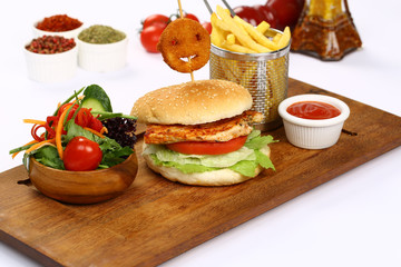 Big tasty chicken burger wooden table