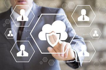 Businessman presses button cloud shield virus security on virtual digital electronic user interface...