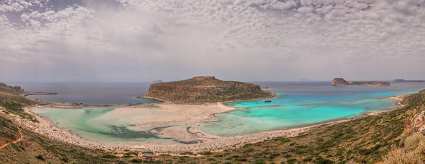 Panoramic view of Balos Lagun in cloudy weather
