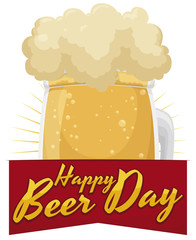 Giant Beer Glass with Greeting Ribbon for Beer Day, Vector Illustration