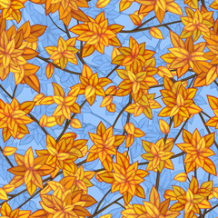 Бесшовная векторная текстура желтой и оранжевой осенней древесной листвы с ветками на фоне голубого неба