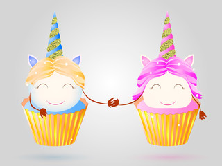 Two smiling Cupcakes. Boy and girl unicorns. Vector illustration