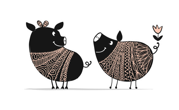 Cute couple of pigs, symbol of 2019 for your design