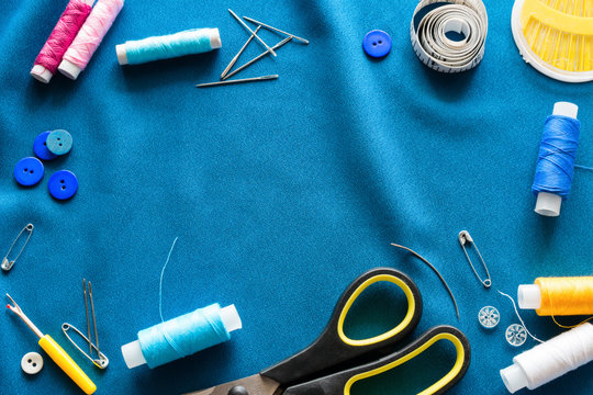 Accessories For Sewing On A Blue Background Mockup